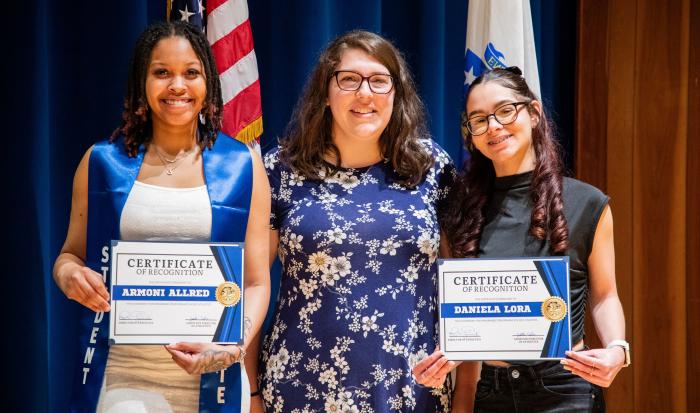 (From left) student Almoni Allred, Women's Volleyball Coach Heather Santana and Daniela Lora