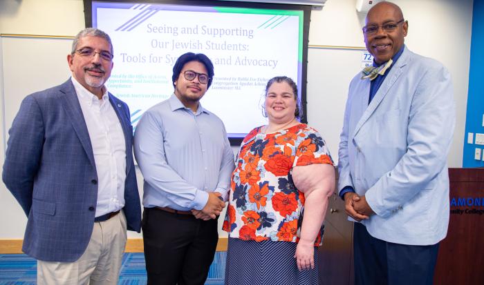 (From left) QCC President Dr. Luis Pedraja, Access and Opportunity Program Administrator Mendrick Banzuela, Rabbi Eichenholtz, and Executive Director of Access, Opportunity and Institutional Compliance John Holloway