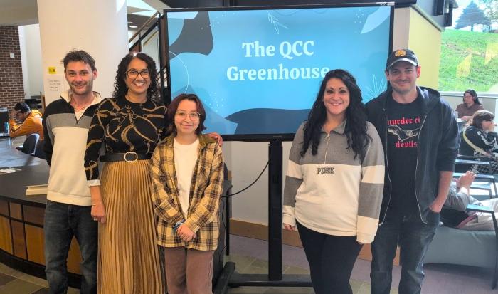 (From left) Assistant to the Program Coordinator for PTK & SSMC Matthew Vitolo, Professor of Environmental/Physical Science Anita Soracco, Environmental Science student Morisson Bonilla, PTK Coordinator Lizette Reid and Environmental Science student Joe Vaudreuil
