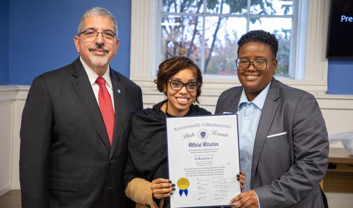 (From left) QCC President Dr. Luis Pedraja, District Director for Senator Robyn Kennedy Kayanna James and Director of the Auxilium Center for Entrepreneurship at QCC Rocky Knight 