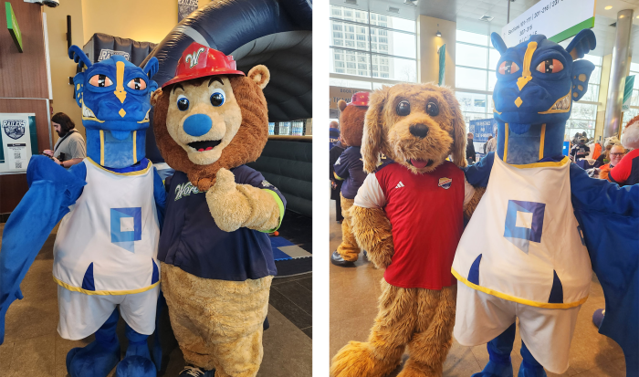 The Wyvern with Worcester Bravehearts mascot Jake (left) and Winnah from Massachusetts Youth Soccer.
