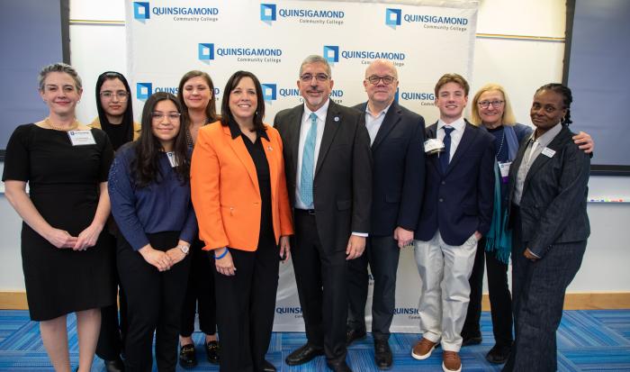 (From left) Professor of Psychology Jen Arner Welsh, student Fakhria Azimi, student Jazlyn Alas, Academic Advisor Della Burke, Massachusetts Lt. Governor Kim Driscoll, QCC President Dr. Luis Pedraja, Rep. Jim McGovern, student Ryan Heath, Board of Trustees President Dr. Linda Maykel and Vice President of Strategic Enrollment & Student Engagement Michelle Tufau.