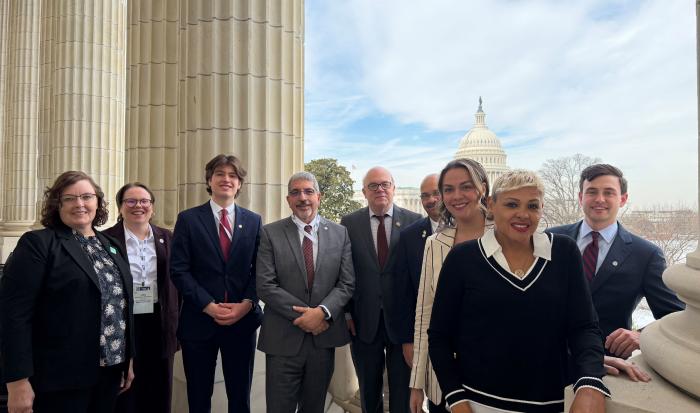 (From left) Greenfield Community College President Dr. Michelle Schutt, Executive Assistant to the President Jess Ahrens Montecalvo, Student Trustee Noah MacDonald, Congressman Jim McGovern, Trustee Dr. Barur Rajeshkumar, Trustee Jessica Mandes, Trustee Maricelis Gonzalez, and Trustee Max German