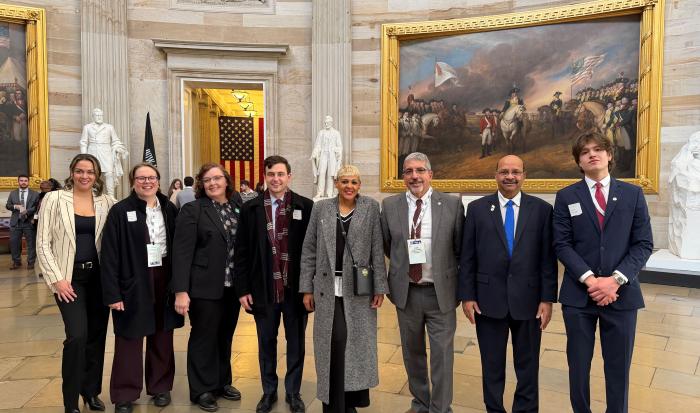 Attendees to the ACCT Legislative Summit included (from left)Trustee Jessica Mandes, Executive Assistant to the President Jess Ahrens Montecalvo, Greenfield Community College President Dr. Michelle Schutt, Trustee Max German, Trustee Maricelis Gonzalez, QCC President Dr. Luis Pedraja, Trustee Dr. Barur Rajeshkumar and Student Trustee Noah MacDonald