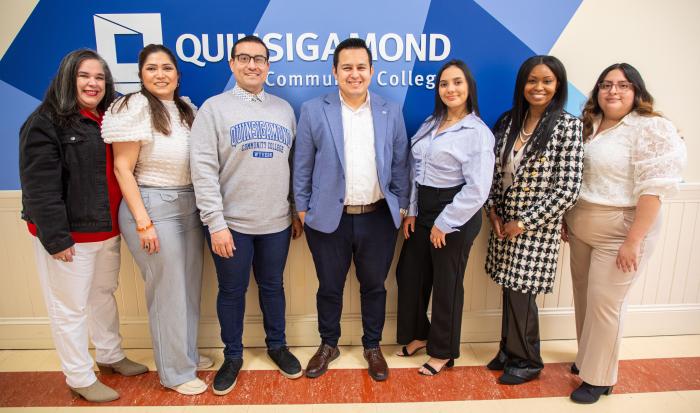 VITA program participants (from left) Wanda Morales, Dennise Coelle, Joshua Roman, Associate Professor of Accounting Eduardo Rivas, Adriana Nunez Tang, Rebecca Aime and Gina Cela-Guallpa