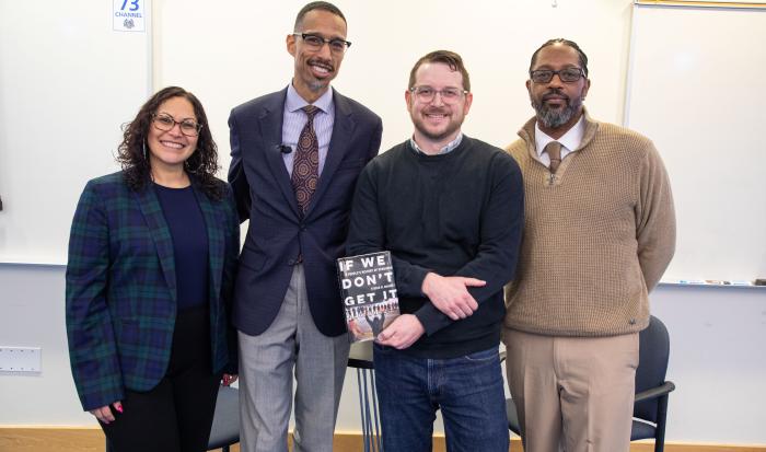 Dr. Stefan Bradley with members of the Access to Opportunity Committee (from left) Jennie Guzman Gayflor, Benjamin Wendorf, and Sean Harris