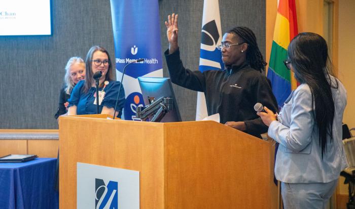 Graduate Michael Opoku spoke at the Medical Assistant Apprenticeship graduation.