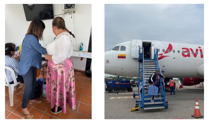 A participant tries on a handmade skirt (left). Hinds was one of many volunteers who transported a sewing machine to the host site.