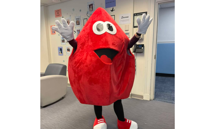 Captain Hemoglobin made a special appearance at QCC's blood drive.