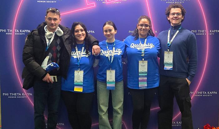(From left) Assistant to the Program Coordinator for PTK Matthew Vitolo, Program Coordinator for PTK Lizette Reid, and PTK officers Allison Castaneda, SantaMaria Sessarego and Eli Tripp