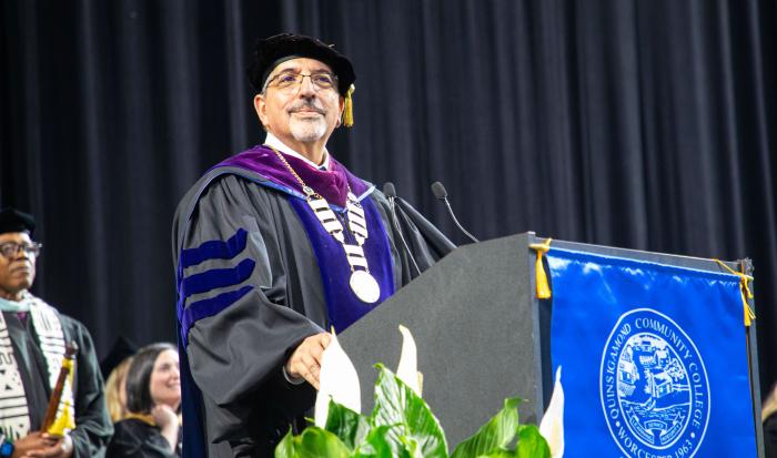 QCC President Dr. Luis Pedraja at the 2026 commencement ceremony
