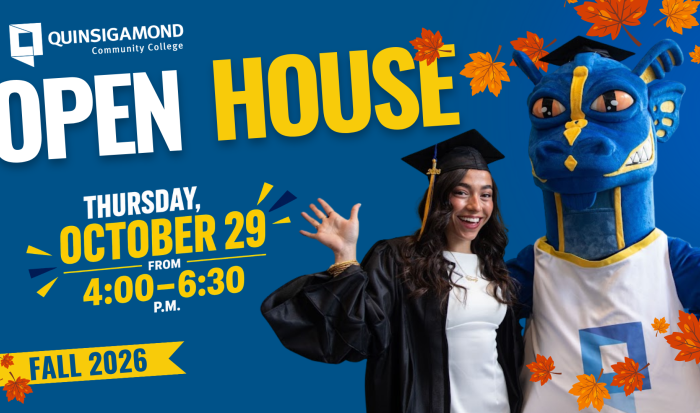 QCC Fall 2026 Open House advertisement featuring event date, time, and campus mascot.