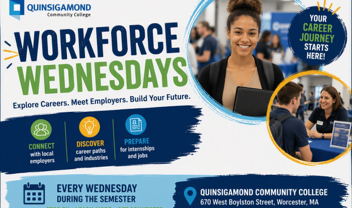 Workforce Wednesdays promotion featuring career exploration opportunities, employer networking, internship and job preparation resources, and student engagement at Quinsigamond Community College.