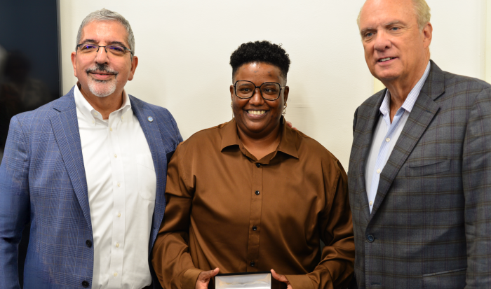 (From left) QCC President Dr. Luis Pedraja, Director of the Auxilium Center for Entrepreneurship at QCC Rocky Knight and Mayor Joseph Petty
