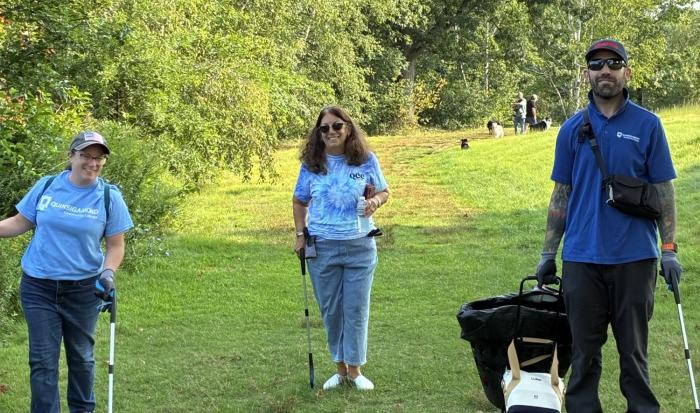 (From left) Assistant Professor of Radiologic Technology Erin Gerrard-Hill, Computer Center Manager Joan Perry and Healthcare Simulation Support Technician Paul Ledoux made Institute Park a cleaner place.