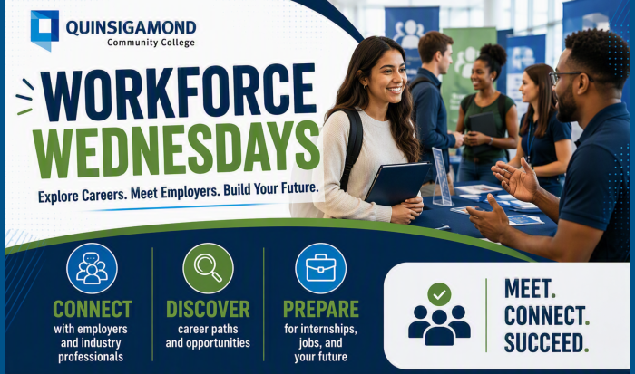 Workforce Wednesdays promotion featuring career exploration opportunities, employer networking, internship and job preparation resources, and student engagement at Quinsigamond Community College.
