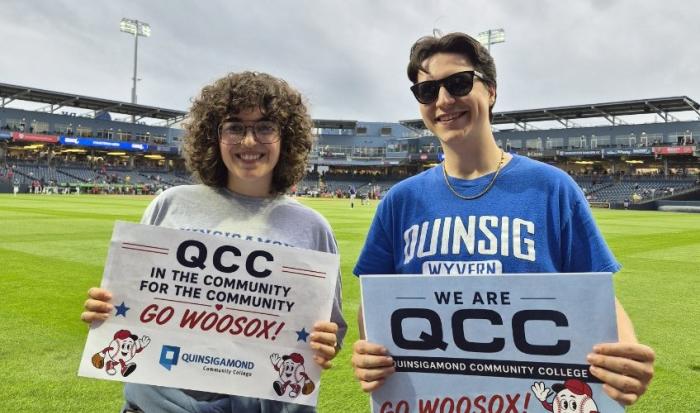 QCC students Maya Henry (left) and Robert Osimo at the WooSox Community College Night.