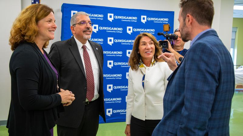 Sec. of Labor and Workforce Development, Rosalin Acosta; QCC President Luis G. Pedraja, Ph.D.; and Lt. Governor Karyn Polito