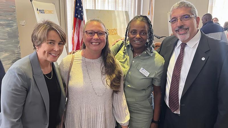 Governor Maura Healey, Karen Grant, Michelle Tufau and Dr. Luis Pedraja