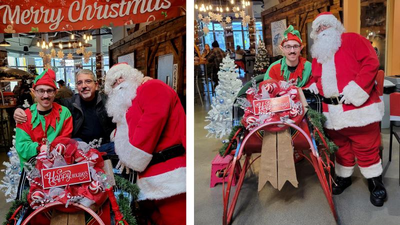 Tyler Wills (left) with QCC President Dr. Luis Pedraja and Santa at the Worcester Public Market