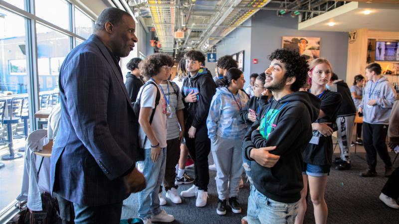  Shawn Harper speaks with Early College Worcester students