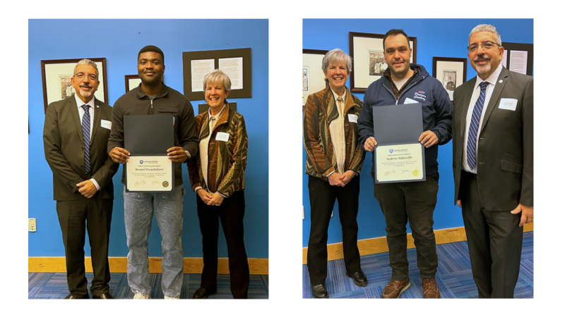 (left photo, from left) QCC President Dr. Luis Pedraja, Ifeanyi Nwachukwu and Kathy Rentsch, (right photo) Andrew Jubinville