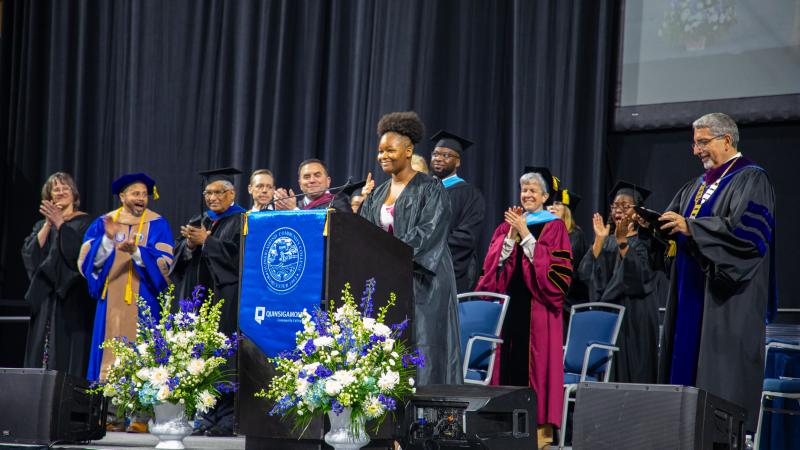 QCC student Ashley Lester sang the national anthem at the 2024 commencement ceremony.