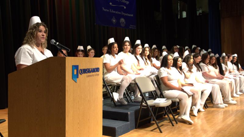 Class president of the Day Nurse Education Program Priscilla Araujo speaks during December's pinning ceremony