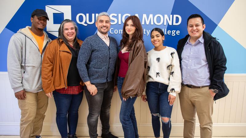QCC students (from left) Melvin Minaya, Wanda Morales, Joshua Roman, Arielle Bento and Genesis Paulino with Associate Professor of Accounting Eduardo Rivas