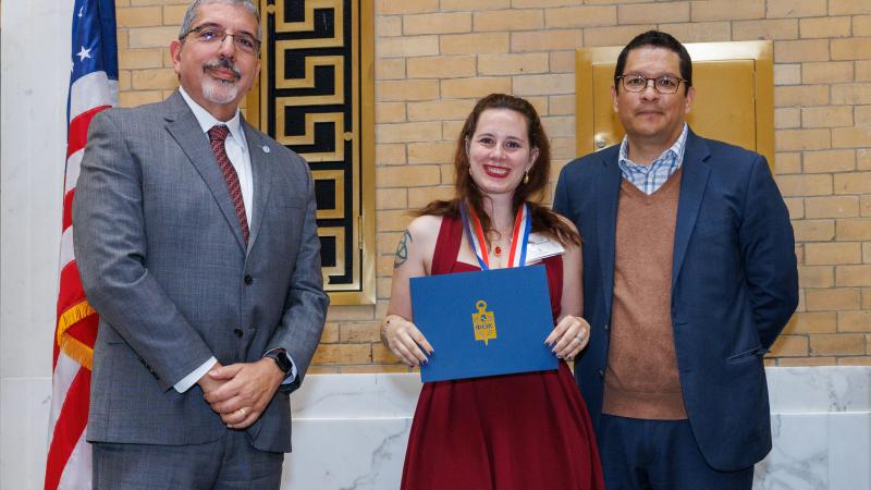 (From left) QCC President Dr. Luis Pedraja, student Deanna Kelsaw, and Massachusetts Commissioner of Higher Education Dr. Noe Ortega