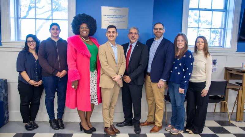 (From left) Coordinator of PTK Lizette Reid, student Karma Perez, President of the Alumni Association Suzanne Graham Anderson, President of the QCC Foundation Jorgo Gushi, QCC President Dr. Luis Pedraja, QCC Foundation Board Member Jared Madison, Esq.,  QCC Foundation Clerk/Secretary Diane Giampa and QCC Foundation Board Member Linda Cammuso