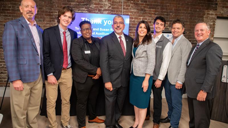 (From left) Cliff Rucker, founder of Rucker Investments and The Cliff & Susan Rucker Foundation; Noah MacDonald, QCC student; Rocky Knight, director of the Auxilium Center for Entrepreneurship at QCC; Dr. Luis Pedraja, QCC president; Stephanie Ramey, vice president of Special Projects at Rucker Investments; Jacob Rucker, co-founder of Auxilium Worcester; Zachary Dutton, executive director of Auxilium Worcester; and Tim Murray, president and CEO of Worcester Regional Chamber of Commerce 
