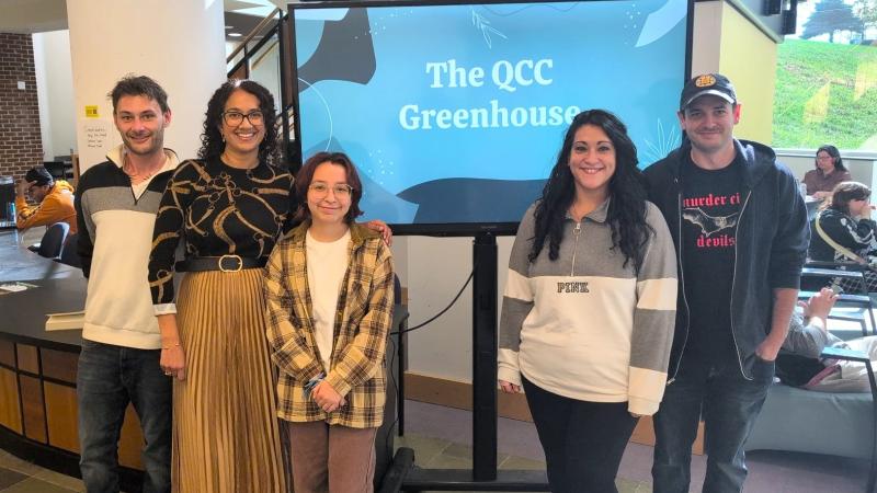 (From left) Assistant to the Program Coordinator for PTK & SSMC Matthew Vitolo, Professor of Environmental/Physical Science Anita Soracco, Environmental Science student Morisson Bonilla, PTK Coordinator Lizette Reid and Environmental Science student Joe Vaudreuil