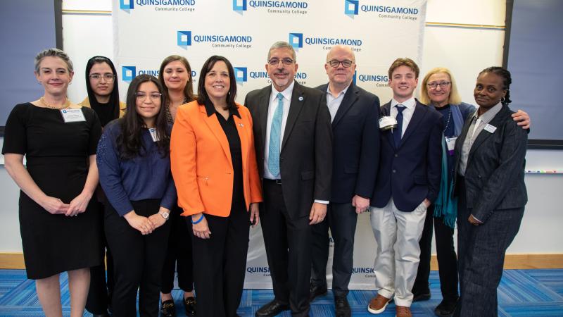 (From left) Professor of Psychology Jen Arner Welsh, student Fakhria Azimi, student Jazlyn Alas, Academic Advisor Della Burke, Massachusetts Lt. Governor Kim Driscoll, QCC President Dr. Luis Pedraja, Rep. Jim McGovern, student Ryan Heath, Board of Trustees President Dr. Linda Maykel and Vice President of Strategic Enrollment & Student Engagement Michelle Tufau.