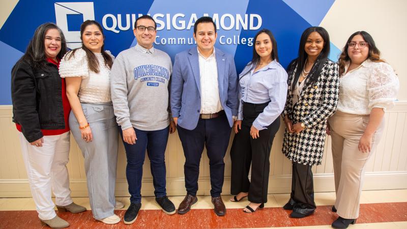 VITA program participants (from left) Wanda Morales, Dennise Coelle, Joshua Roman, Associate Professor of Accounting Eduardo Rivas, Adriana Nunez Tang, Rebecca Aime and Gina Cela-Guallpa