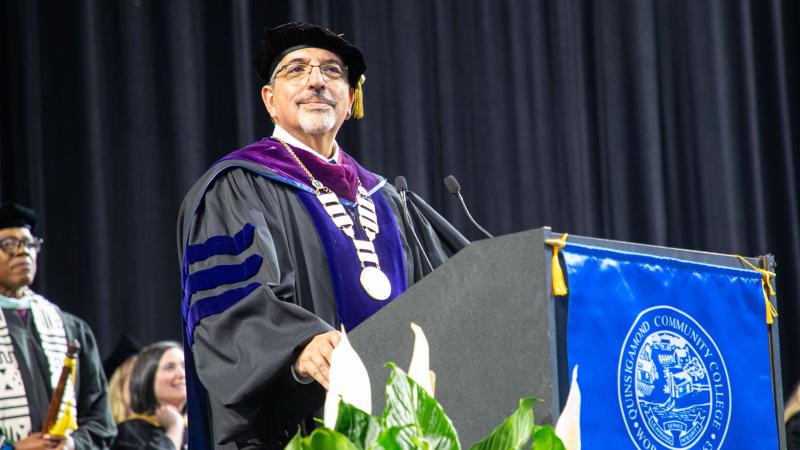 QCC President Dr. Luis Pedraja at the 2026 commencement ceremony
