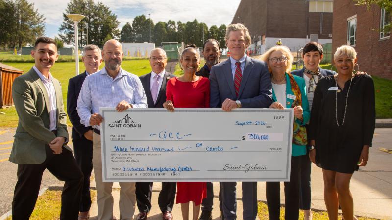 (From left) Jorgo Gushi, President, QCC Foundation; Sean Nelson, Interim VP of Finance & Administration; Lee Duerden, Prof. of Manufacturing Technology; Dennis Dean, Dean of Computing & Applied Technologies; Melanie Bonsu, Community Engagement Manager, Saint-Gobain; Sean Harris, Director of Community Engagement; Pat Baliva, VP of Sales, Saint-Gobain; Dr. Linda Maykel, Chair, QCC Board of Trustees; Deb Spotts, Chief Advancement Officer/Exec. Director of Development; and Mari Gonzalez, QCC Board of Trustees