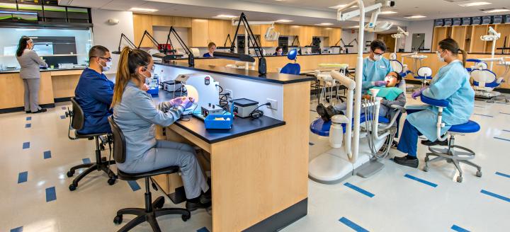 Various students practice techniques in a dental lab