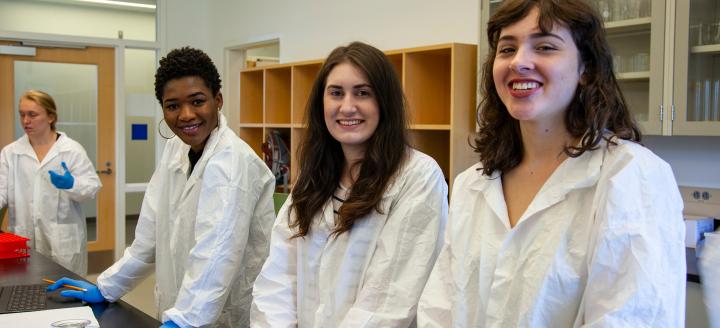 Pharmacy Tech students work at a desk in a lab