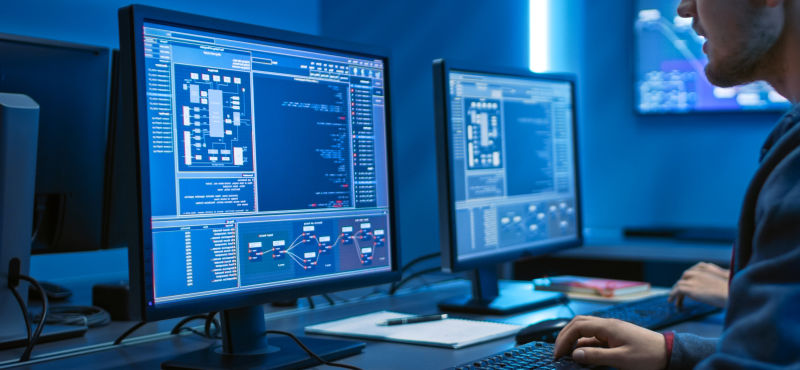 A student looks at a computer screen with complex statistics